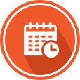 Orange calendar icon with a clock and long shadow.