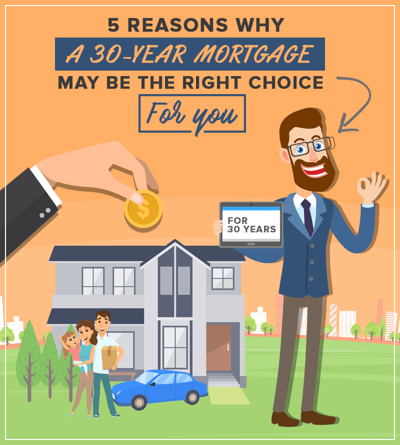 Illustration promoting benefits of a 30-year mortgage with a happy family and house.