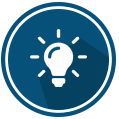 Icon of a glowing light bulb inside a blue circle with a long shadow.