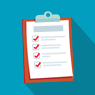 Clipboard with checklist and red check marks on blue background.