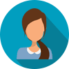 Illustration of a woman with brown hair in a blue top and white collar.