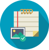 Icon of a notepad with an image and a checkmark on a teal background.