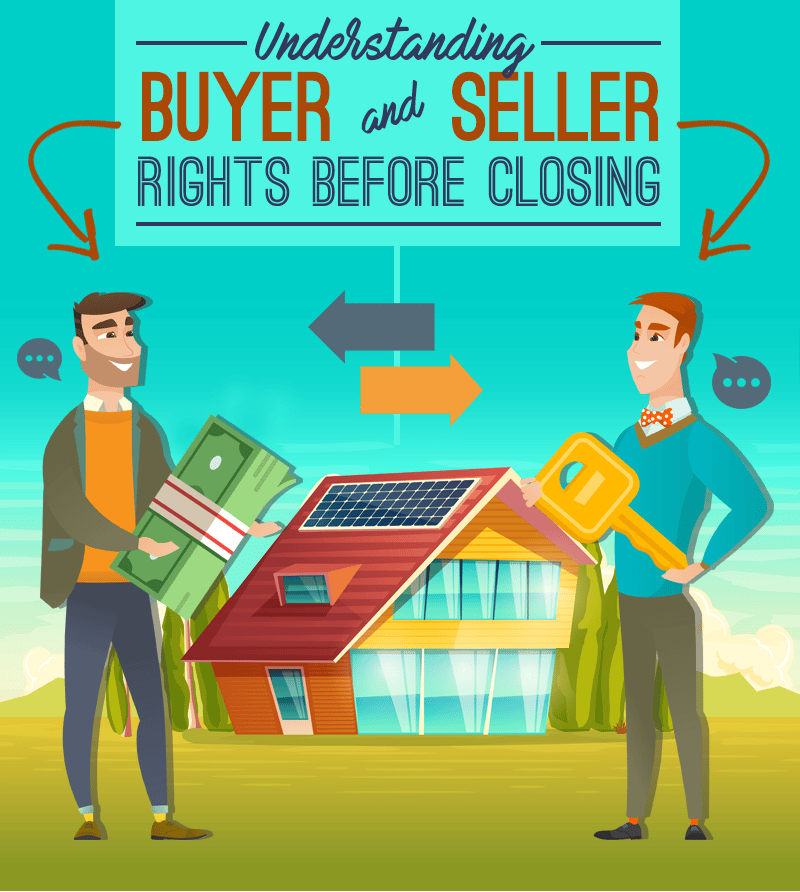 Illustration showing buyer and seller exchanging rights before closing a house deal.