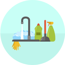 Kitchen sink with cleaning supplies and running water.