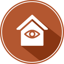 Icon of a house with an eye inside, symbolizing home surveillance.