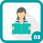 Illustration of a person reading a book with a teal border and number 03.