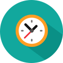 A flat design clock icon with a teal background.