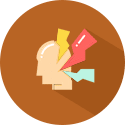 Abstract illustration of a head with colorful speech bubbles.