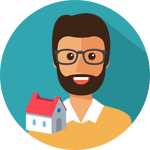 Illustration of a smiling man with glasses holding a small house model.