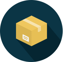 Icon of a sealed cardboard box on a dark circle background.