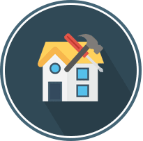 Icon of a house with a hammer symbolizing home repair.