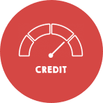 Credit score gauge icon with an indicator needle on a red background.