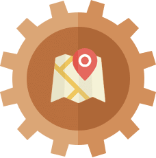 Gear with a map and location pin icon inside.