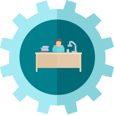 Person working at a desk inside a gear-shaped frame.