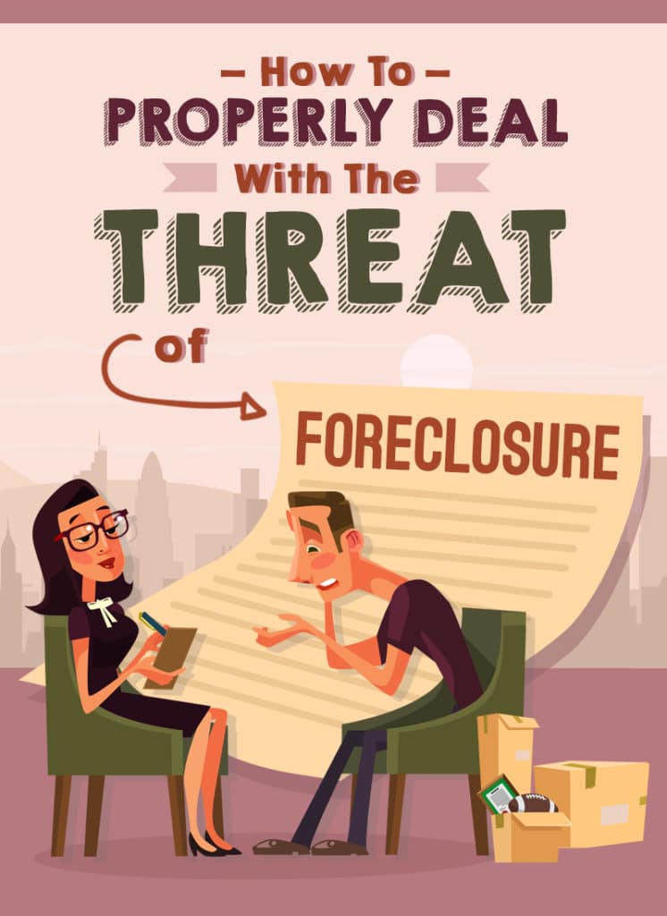 Illustration showing a worried man and a woman discussing foreclosure threats.