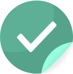 A white checkmark on a green circular background with a peel effect.