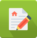 Icon of a document with a red house and pencil on green background.