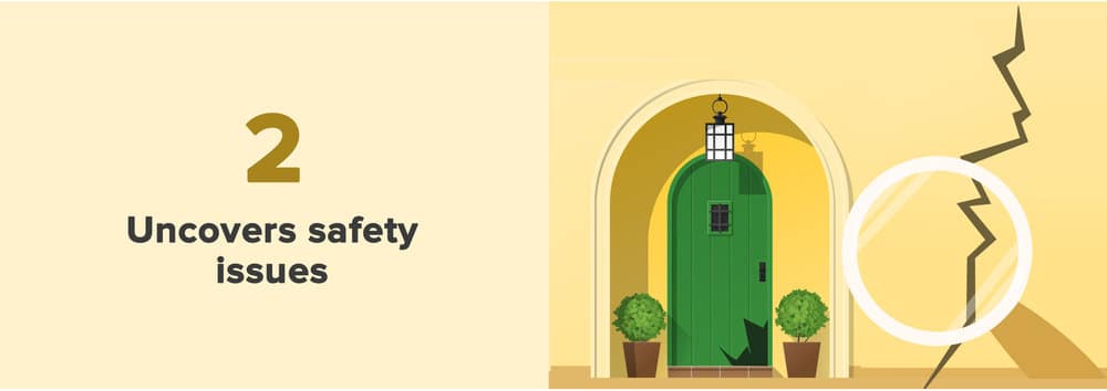Illustration of a green door with a lantern and plant, promoting home safety.