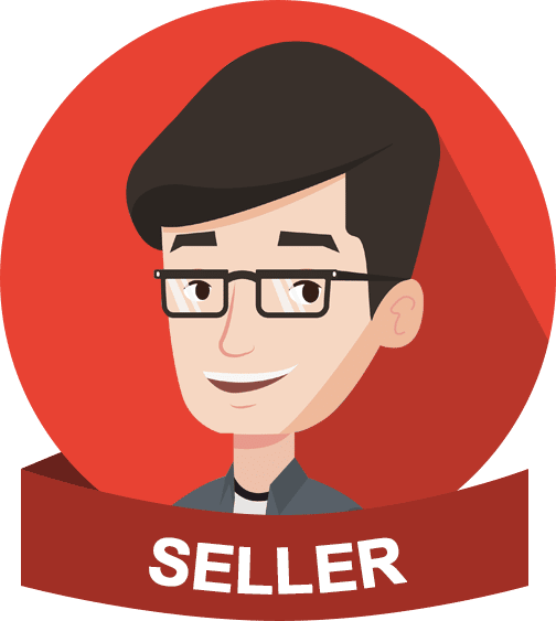 Cartoon avatar of a male seller with glasses and dark hair.