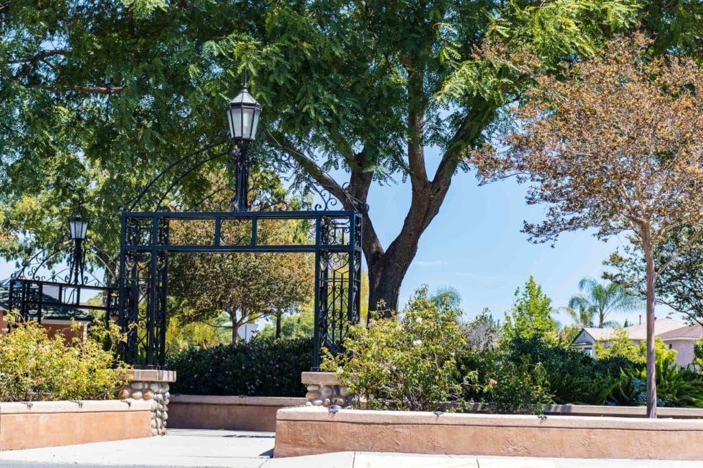 A peaceful park area with greenery and a lamp post under a blue sky.